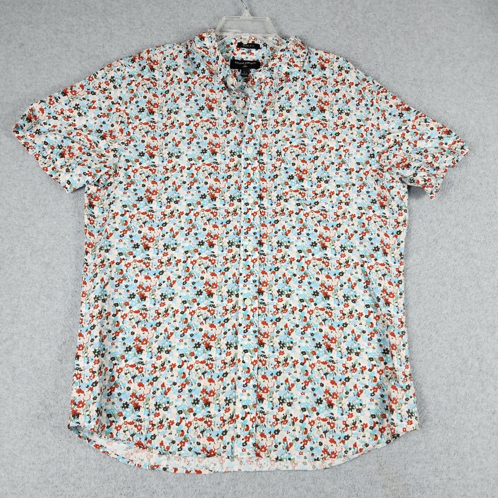 Banana Republic Shirt Mens Large Multi Floral Linen Blend Slim Fit Short Sleeve